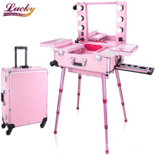 Aluminum Rolling Beauty Trolley Case Lighted Bulb Makeup Train Case Cosmetic with Wheeled Secure Lock